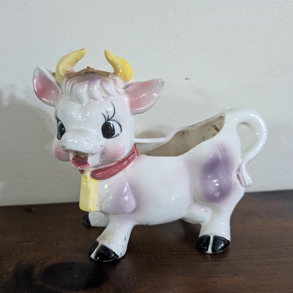 Vintage MCM Purple Cow Ceramic Creamer - Kitschy Anthropomorphic Japan